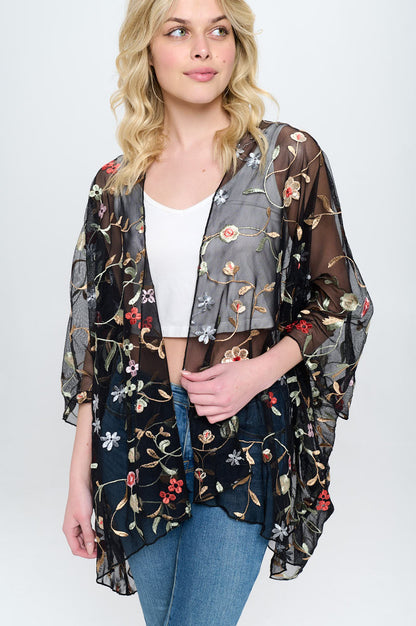 Floral embroidered mesh oversized kimono for women, featuring colorful flower patterns and lightweight, flowing fabric.