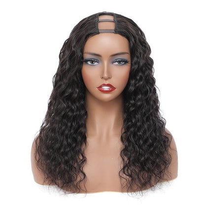 Cerise Alfie water wave human hair U part wig for black women, Brazilian Remy hair, styled with natural water wave texture.