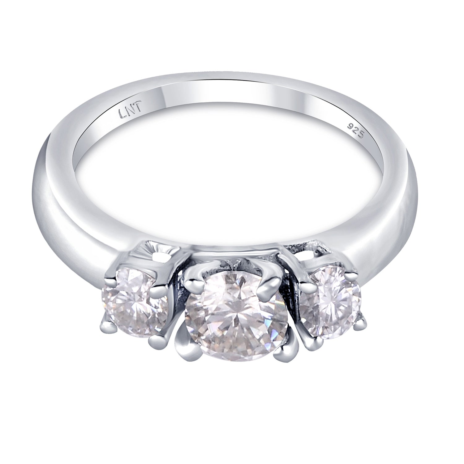 Sterling silver white moissanite 3-stone ring featuring sparkling gemstones and elegant band design.