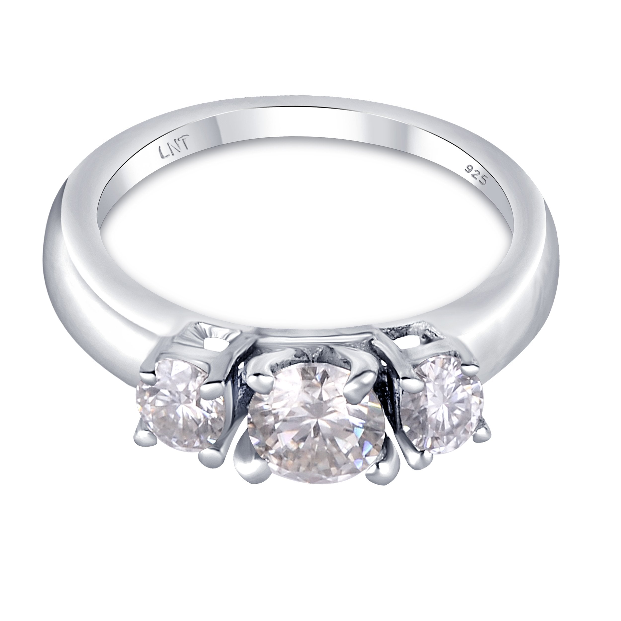 Sterling silver white moissanite 3-stone ring featuring sparkling gemstones and elegant band design.