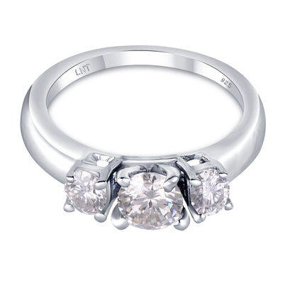 Sterling silver white moissanite 3-stone ring featuring sparkling gemstones and elegant band design.