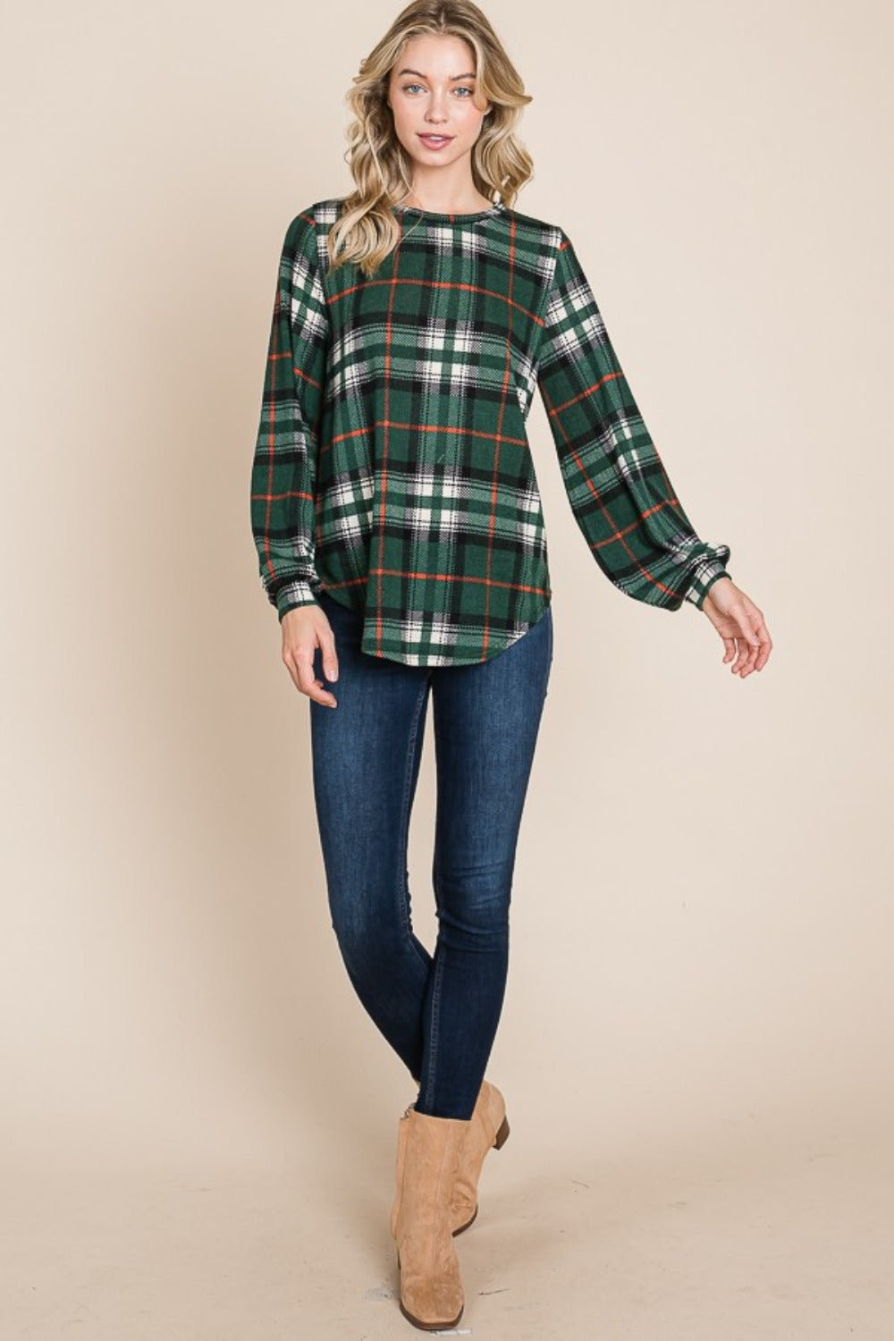 Jade Icarus BOMBOM plaid long sleeve top with curved hem and round neckline, women&