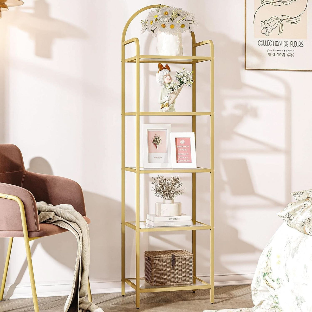 Five Tier Premium Tempered Glass Bookshelf Goldtone Frame