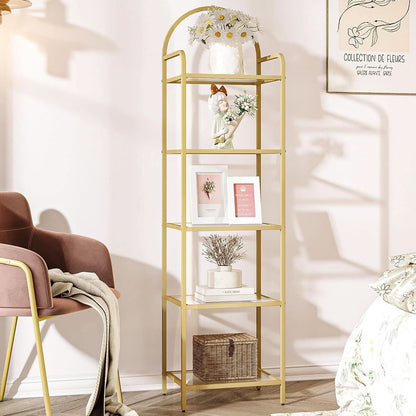 Five Tier Premium Tempered Glass Bookshelf Goldtone Frame