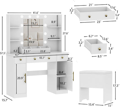 White Vanity Desk With Mirror LED Lighting System With USB Ports
