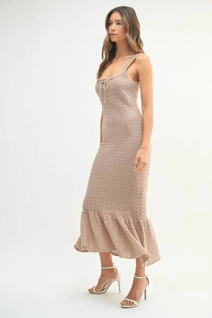 Pear Daisy crochet knit midi dress with ruffled hem and sleeveless design, perfect for casual and garden outdoor wear.