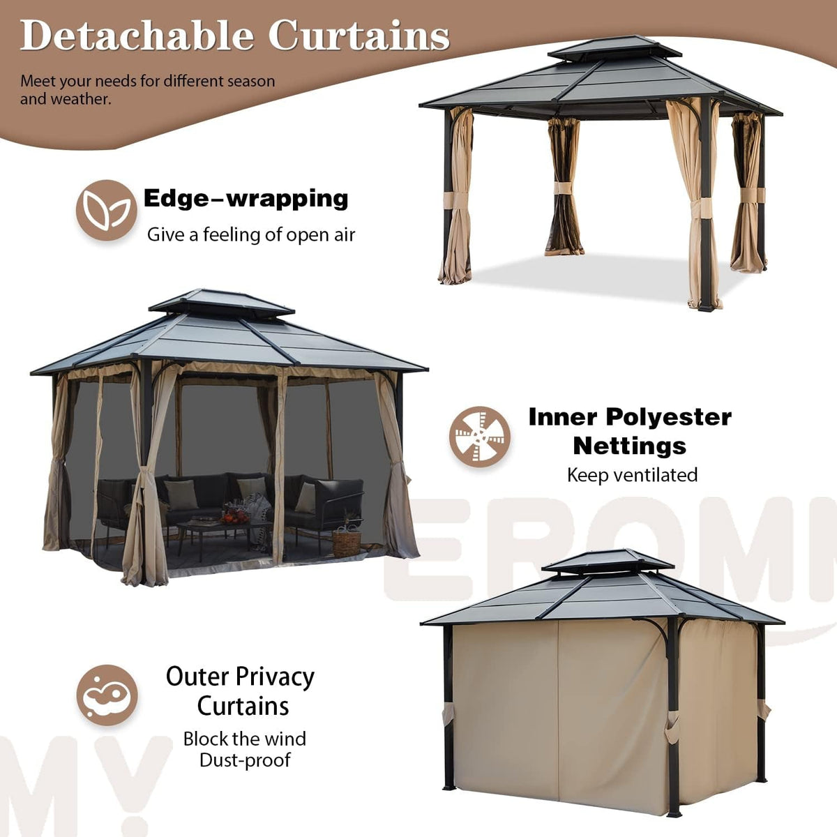 10x12 Foot Hardtop Gazebo Beige UV Resistant Curtains