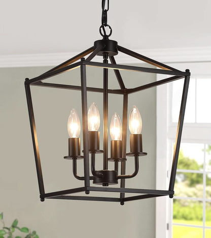 UL Black Industrial Lantern Chandelier 4 Light Pendant