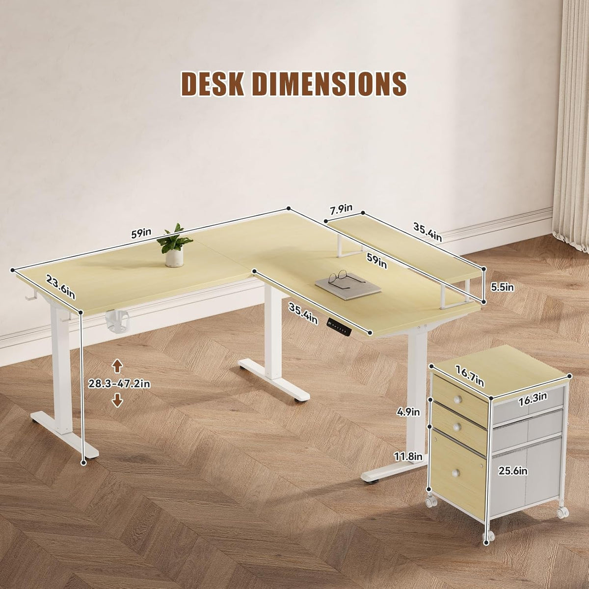 Electric LShaped Standing Work station With Drawers Maple