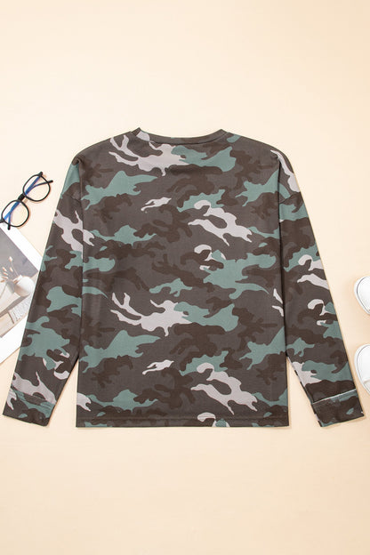 Camo textured drop shoulder long sleeve top by Byzantium Bay, showcasing a stylish camo pattern and relaxed fit.
