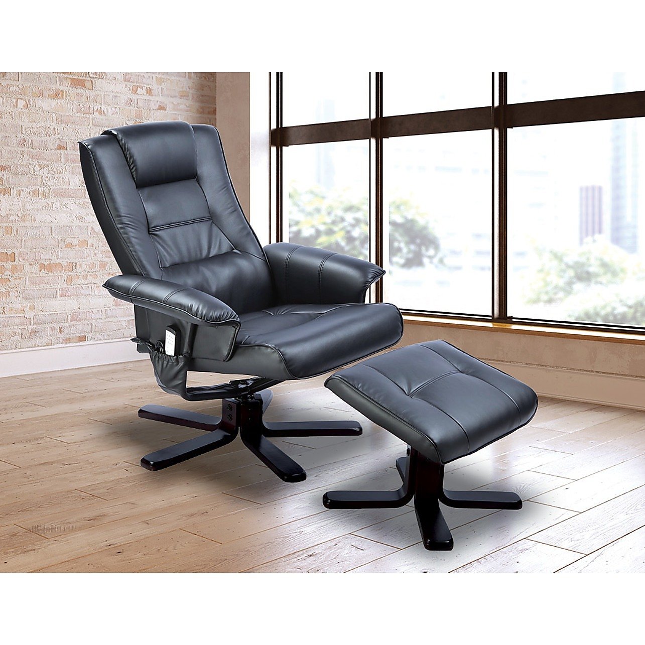 Black PU leather massage chair recliner ottoman with remote control, designed for home lounge and relaxation by Magenta Danae.