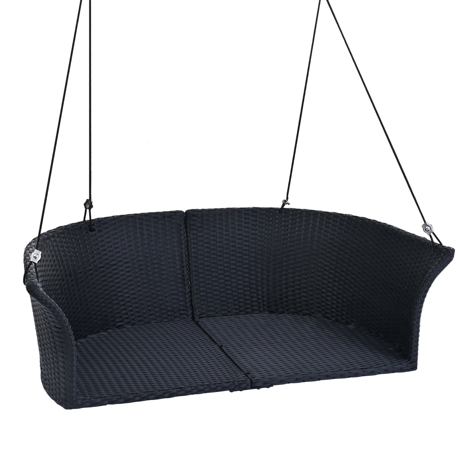 Black wicker hanging porch swing for 2 from Carmine Juneberry, designed for garden use with rattan material.