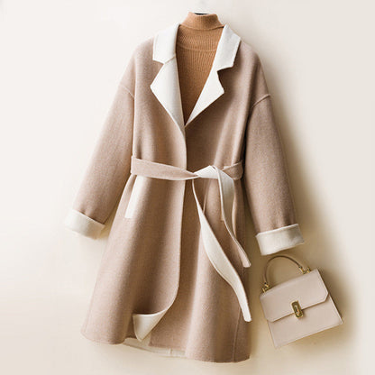 Ladies wool double-faced coat by Carmine Juneberry featuring a classic design and cozy warmth, shown in a stylish front view.