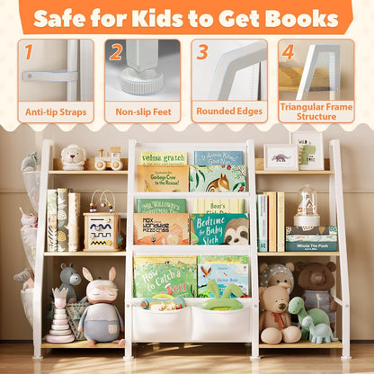 Kids bookshelf and toy organizer by Peach Maple, 3-tier burlywood bookcase with storage shelves and space for books and toys.