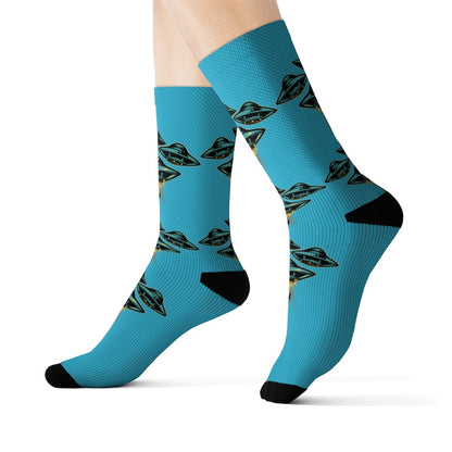Yellow Pandora UFO Area 51 socks featuring alien and spaceship patterns, soft fabric, and vibrant colors for casual wear.