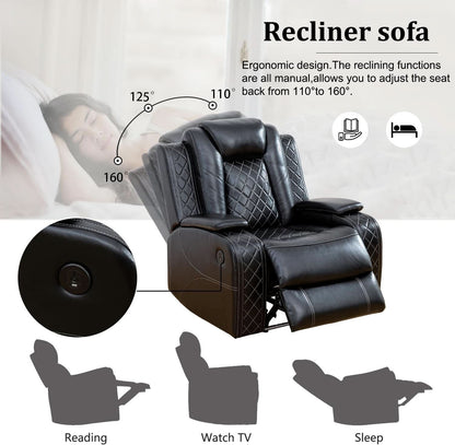 Power Leather Recliner Sofa Set LED Lights USB Ports Black