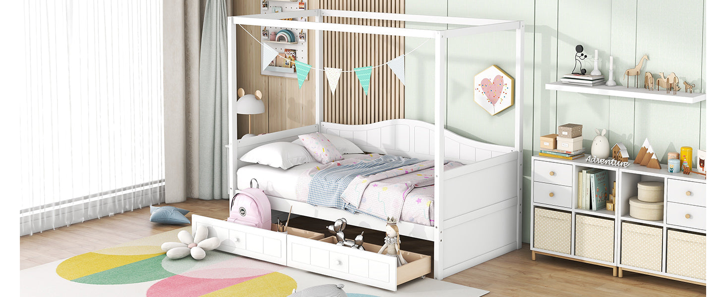 Sangria Beech twin size canopy day bed with a frame, canopy, and two storage drawers in a bedroom setting.