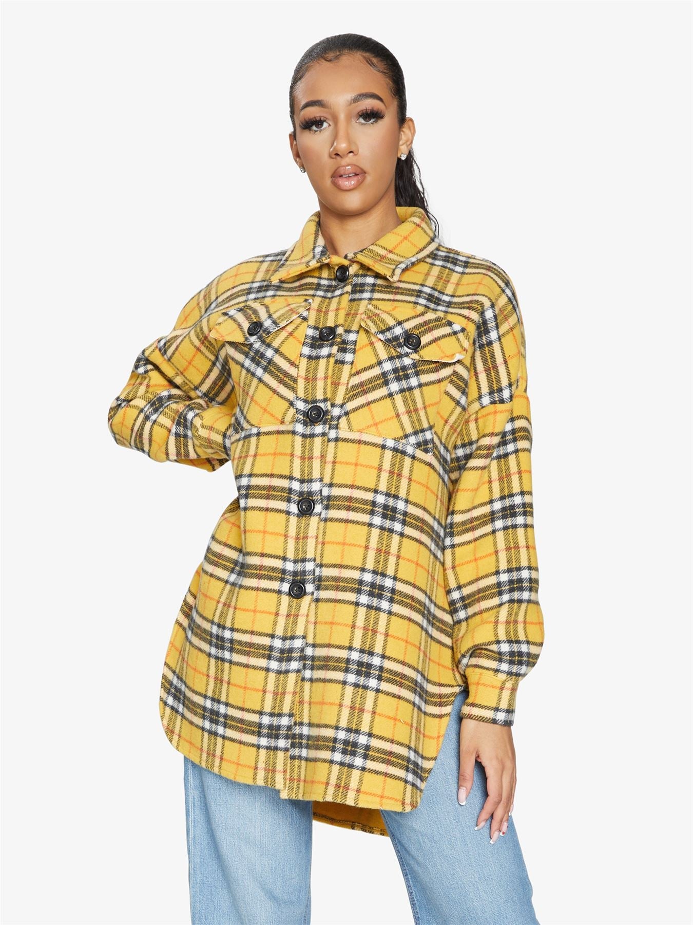 Rose Eleusis oversized Nova Check wool blend shacket with a relaxed fit, featuring a plaid pattern and button closure.