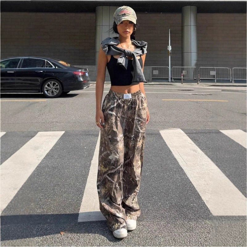Pear Daisy slim fit casual pants with hip hop style, camouflage print, multiple pockets, perfect for streetwear and comfortable casual wear.