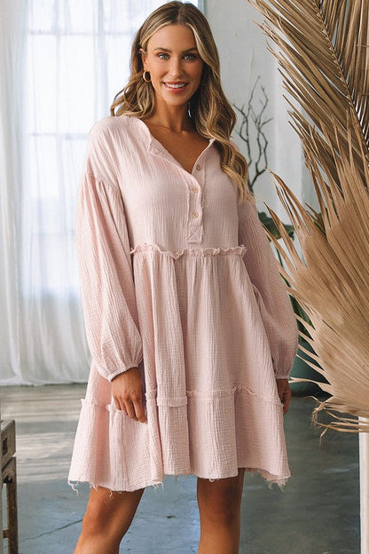 Women’s crinkle distressed puff sleeve flared dress by Jade Icarus, featuring textured fabric and stylish silhouette.