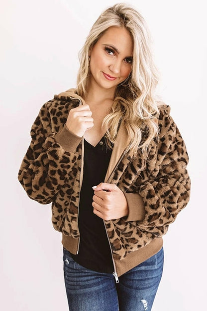 Soft plush leopard jacket for women by Jade, featuring a cozy, stylish design with a leopard print pattern and comfortable fit.