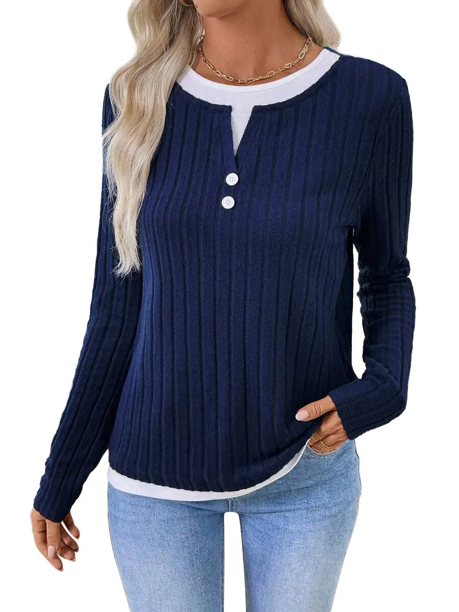 Women’s long sleeve ribbed burgundy and black knit top, round neck, stylish T-shirt from Start2Finish, featuring mock two-piece design.