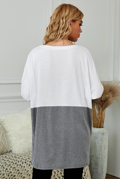 Gray colorblock casual long sleeve tunic with pockets by Harlequin Daisy, perfect for bath and beauty wear.