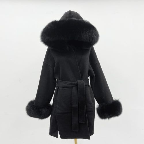 Carmine Juneberry oversized wool coat with double-sided fabric, hood, and plush fur collar, designed for luxurious warmth and style.