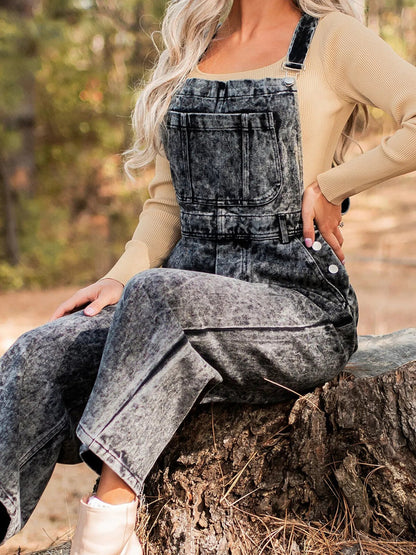 Vintage washed wide-leg denim overalls with front pockets for women by Ruby Styx, showing the relaxed fit and classic style