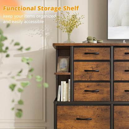Rustic brown bedroom dresser with 12 drawers and built-in LED lights, crafted by Peach Maple for stylish storage.