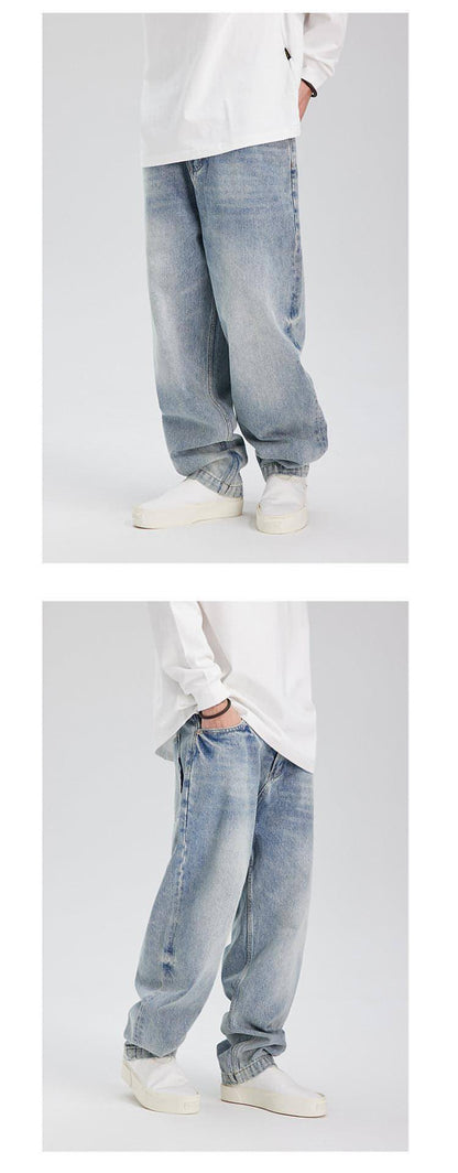 Carmine Juneberry UrbanFade™ retro distressed washed jeans, casual pants with faded and ripped detailing, front view.