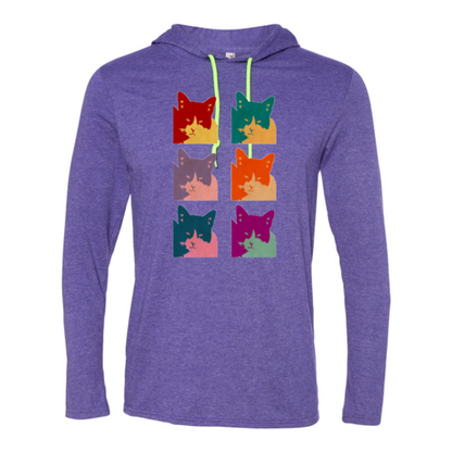 Teal Ananke Cat’s Today long sleeve hooded T-shirt mug with cat graphic and text, ceramic drinkware featuring a cozy hoodie design.