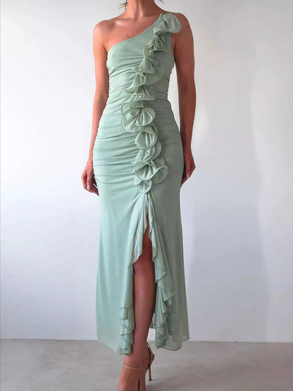 Elegant one-shoulder ruffle slit dress by Jade Iapetus featuring flowing fabric and stylish design, perfect for formal occasions.