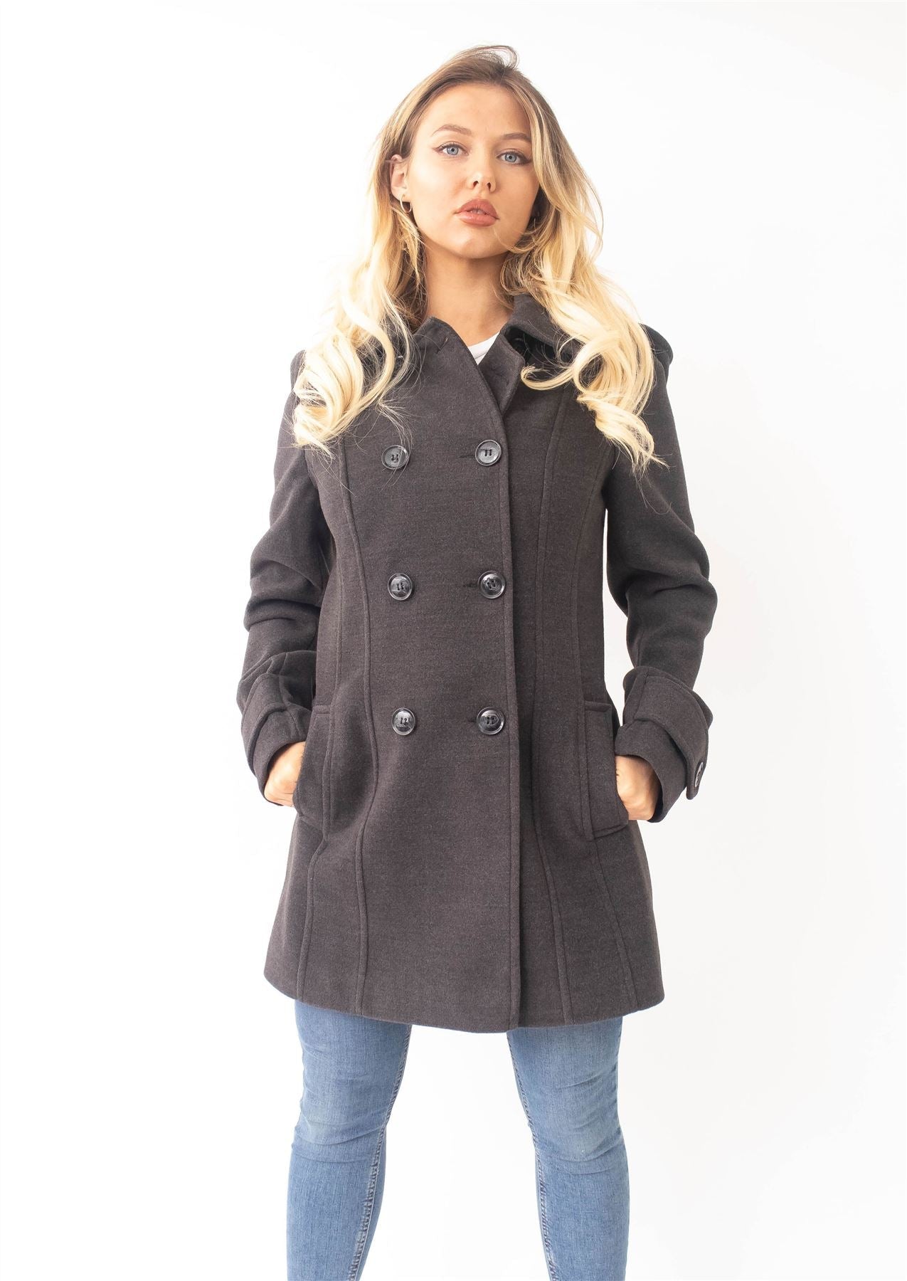 Rose Eleusis wool feel double-breasted hooded coat, navy jacket with large front pockets and button details, stylish outerwear.