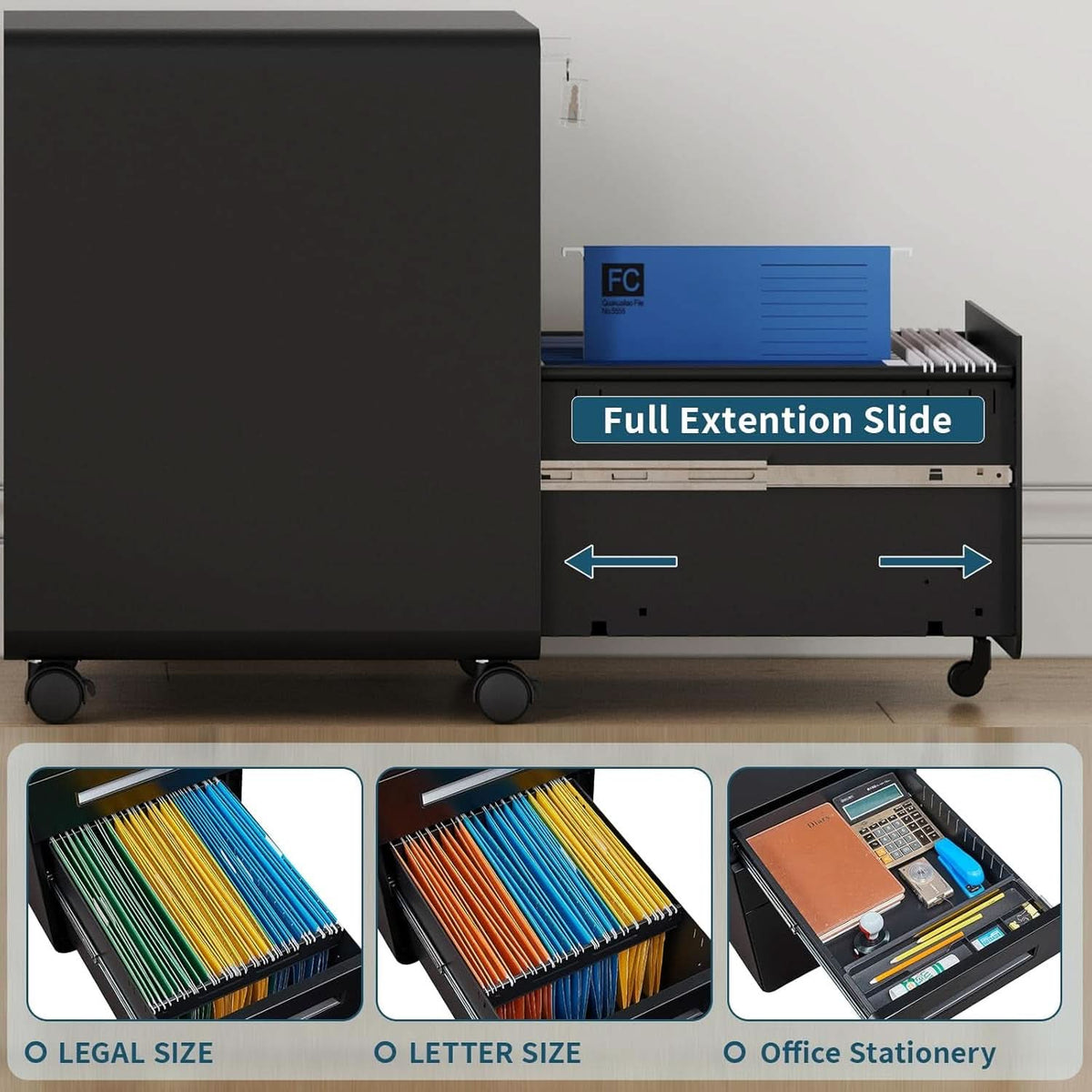 Mobile 3 Drawer Filing Cabinet With Lock Black Rolling