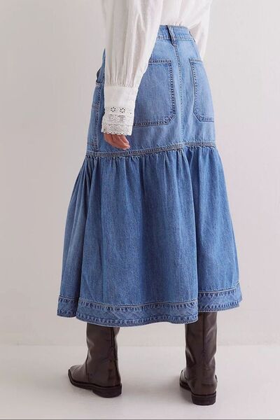Taupe Oliver Munsieur Bohemian denim midi skirt with flowy style and pockets, featuring a relaxed, casual look perfect for everyday wear.