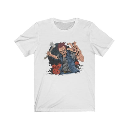 Halloween Pumpkin Hunter T-shirt by Plum Charlie featuring a spooky pumpkin design on a black fabric background