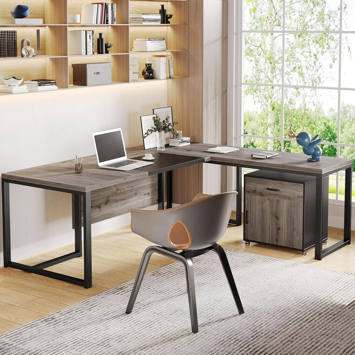 Retro-Gray L-Shaped Executive-Grade Desk File Cabinet