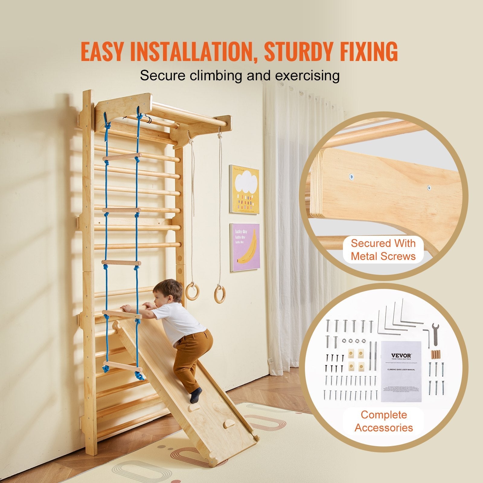 Wooden Swedish Ladder Wall Gym by Pear Daisy, 5-in-1 indoor climbing toy with colorful grips for home and garden play.