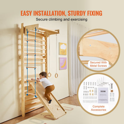 Wooden Swedish Ladder Wall Gym by Pear Daisy, 5-in-1 indoor climbing toy with colorful grips for home and garden play.