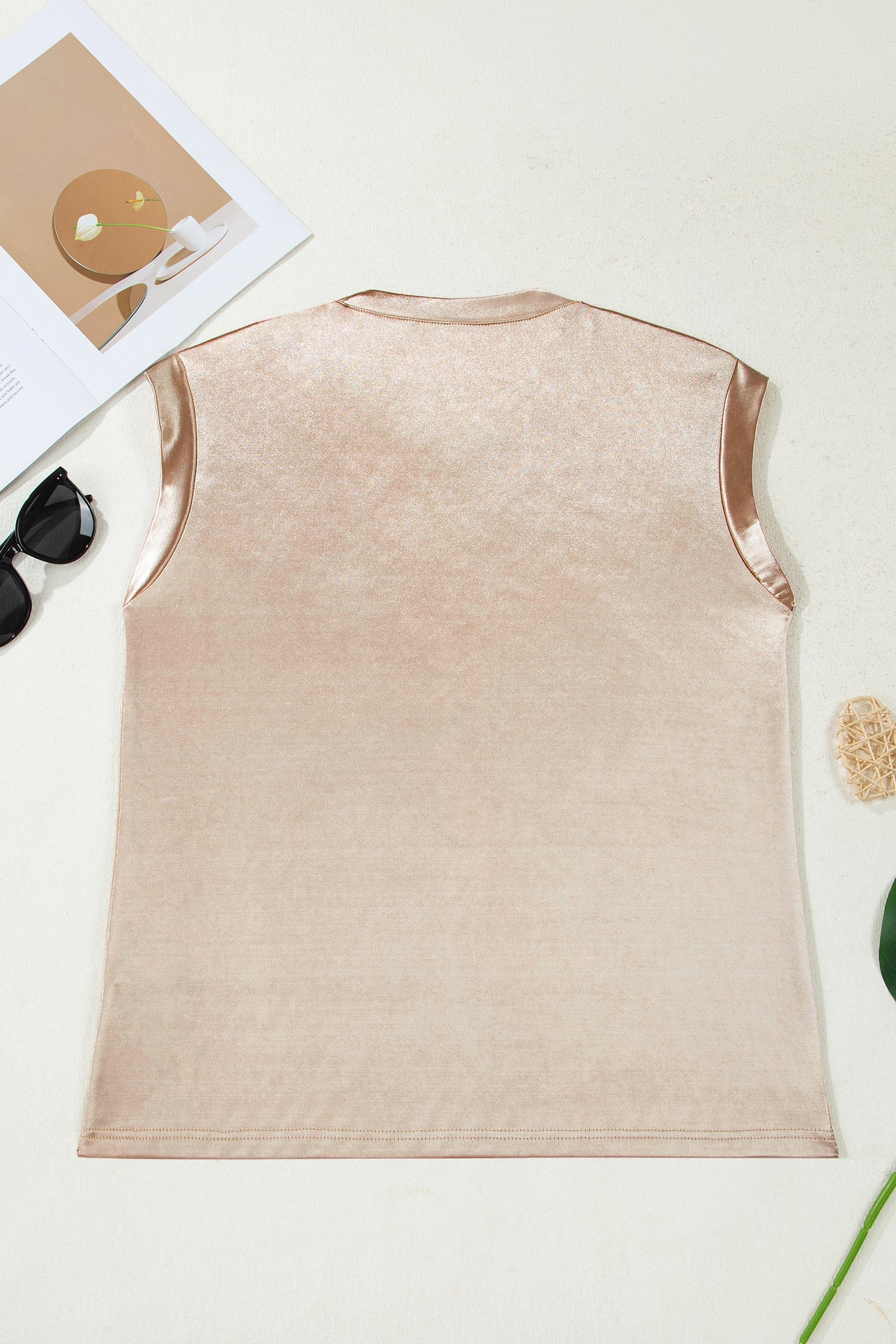 Metallic round neck tank top by Byzantium Bay, featuring a shiny fabric and sleeveless design perfect for casual or stylish wear.