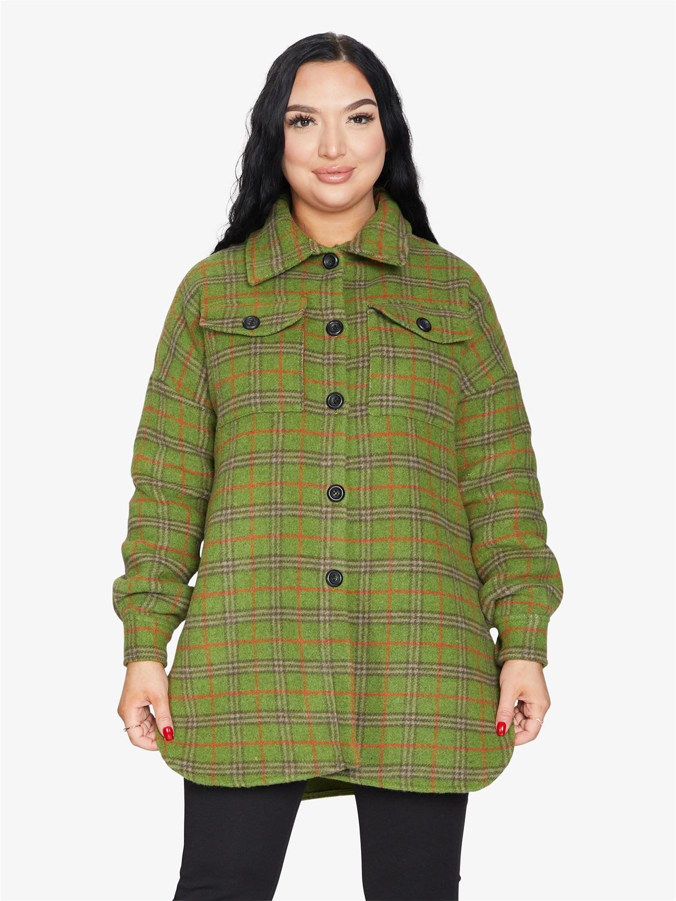 Oversized Nova Check wool blend shacket by Rose Eleusis, featuring a plaid pattern, button front, and relaxed fit, styled with rolled sleeves.