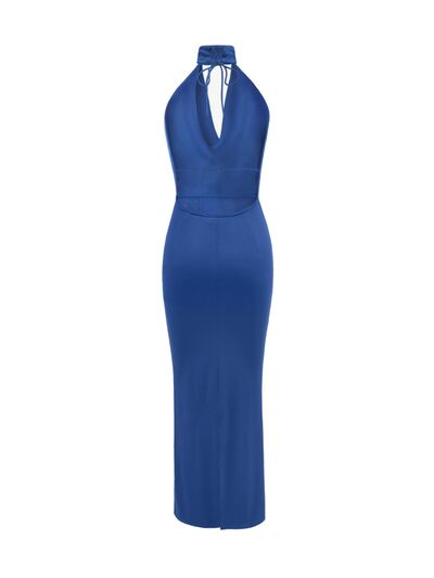 Taupe Oliver backless lace-up sleeveless maxi dress with a flowing design, perfect for elegant summer occasions.
