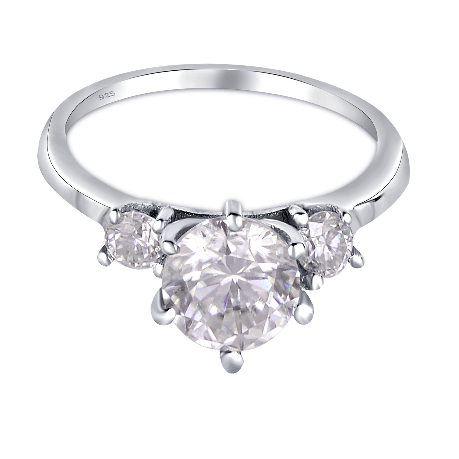 White moissanite 3-stone ring in sterling silver, elegant jewelry piece with sparkling gemstones and a polished band.