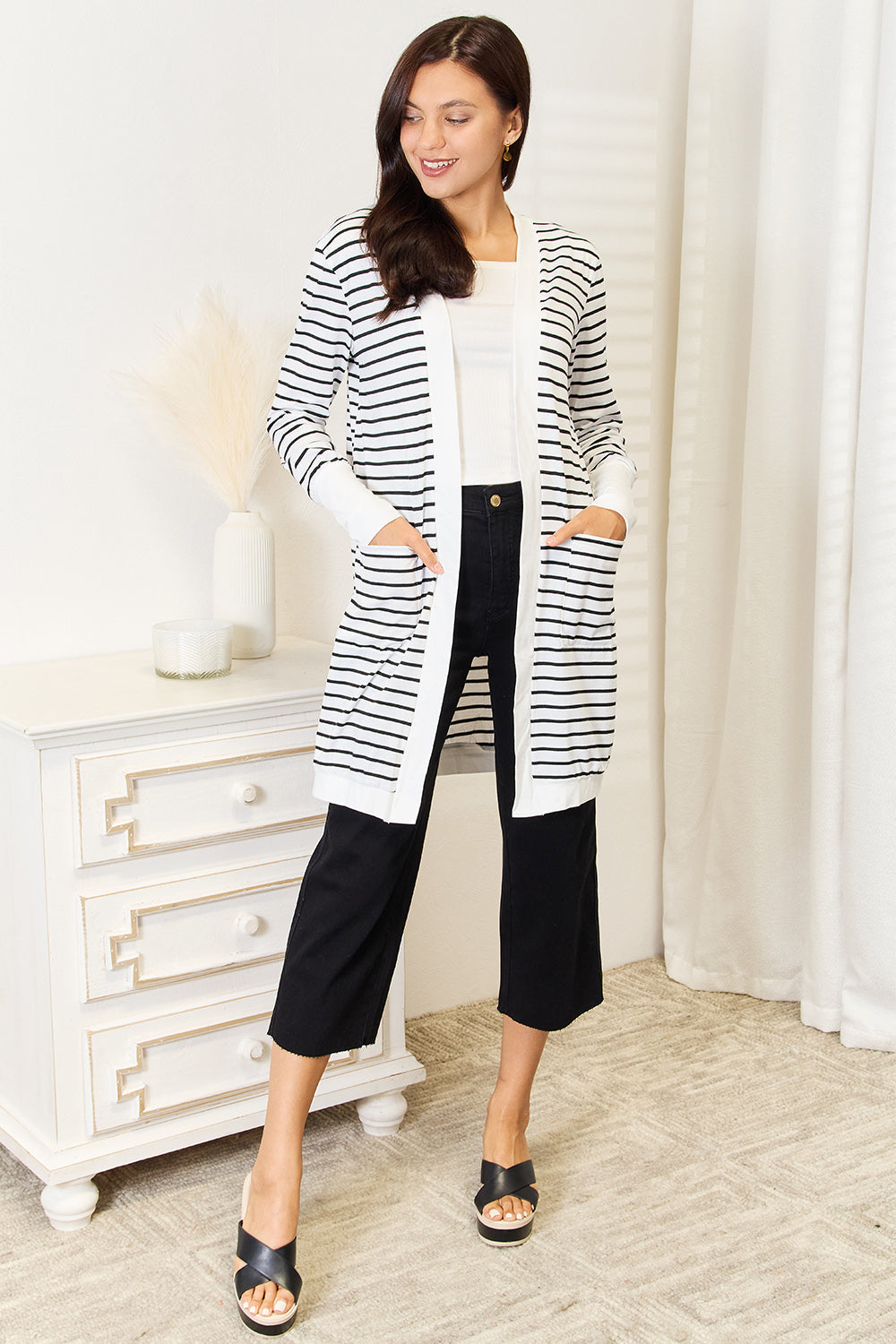 Pear Daisy double take striped open front longline cardigan, cozy knit with blue and white stripes, perfect for casual wear.