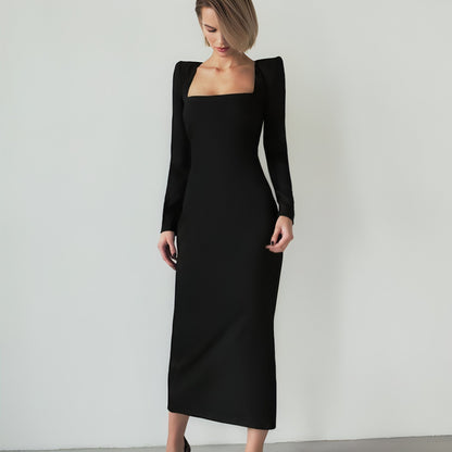 Carmine Juneberry long skirt with square neckline, slim fit, and flowing fabric, styled for a modern, elegant look.