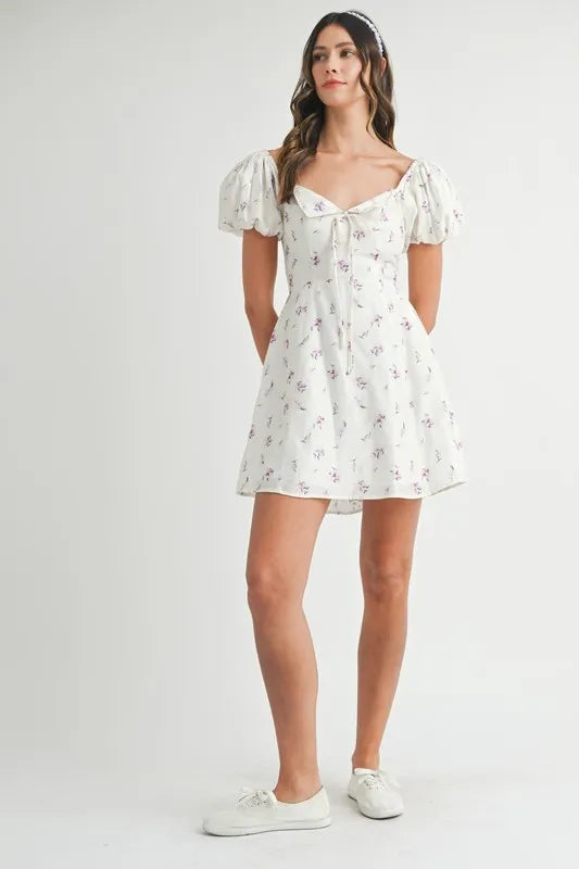 Pear Daisy floral print puff sleeve mini dress featuring a stylish design, perfect for home and garden occasions.