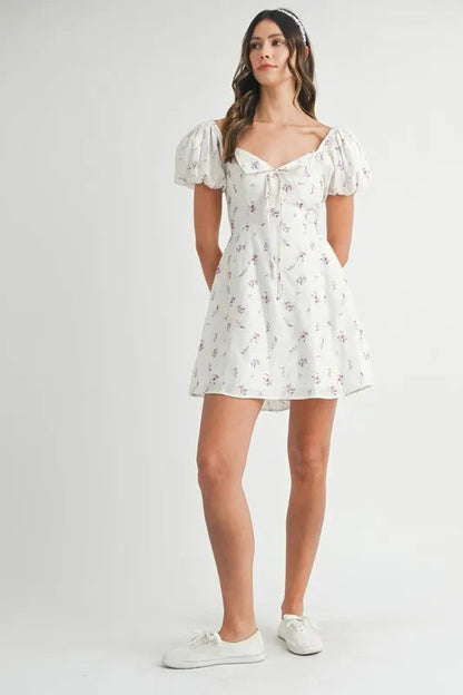 Pear Daisy floral print puff sleeve mini dress featuring a stylish design, perfect for home and garden occasions.