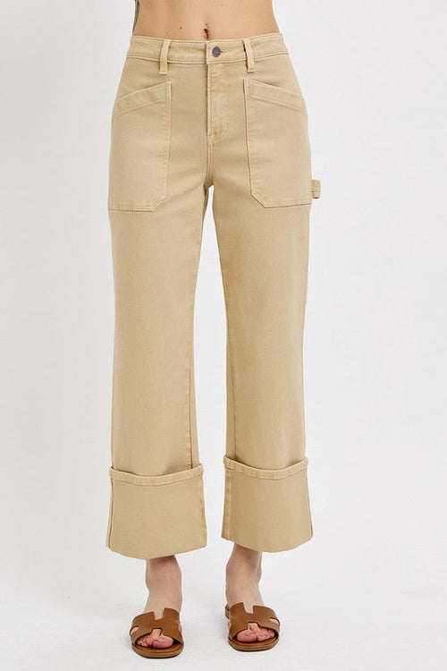 Jade Icarus RISEN full-size high-rise wide straight cuffed patch jeans in plus size, displayed on a model.