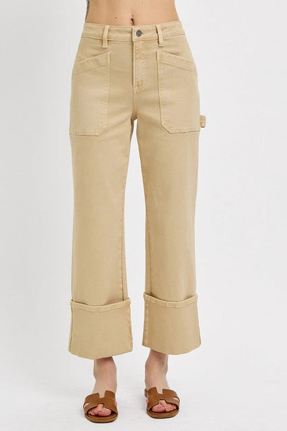 Jade Icarus RISEN full-size high-rise wide straight cuffed patch jeans in plus size, displayed on a model.